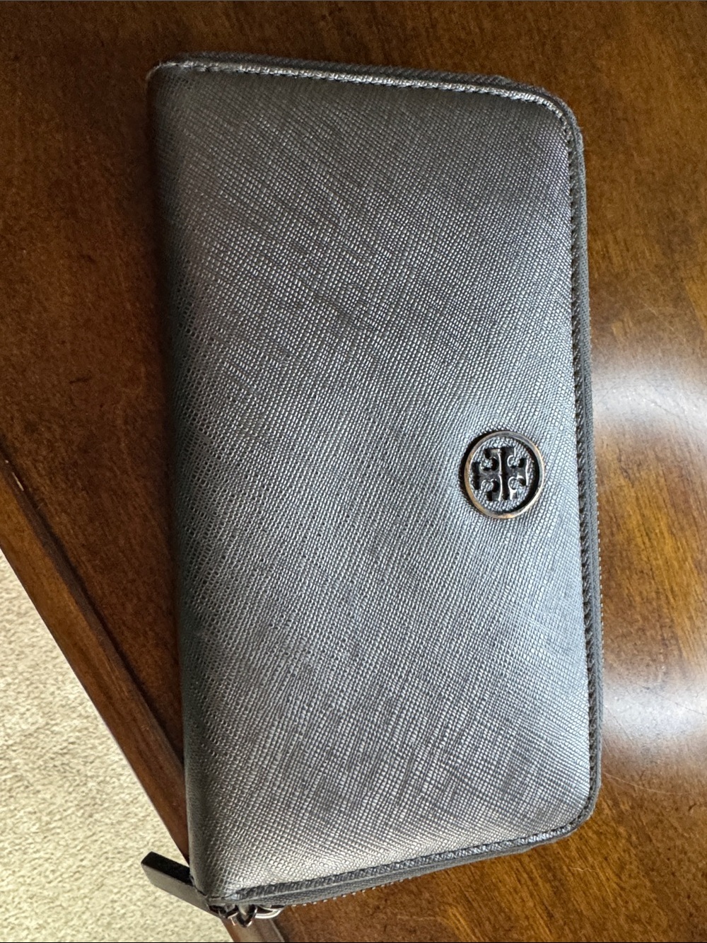Tory Burch Metallic Silver Zip-Around Wallet
